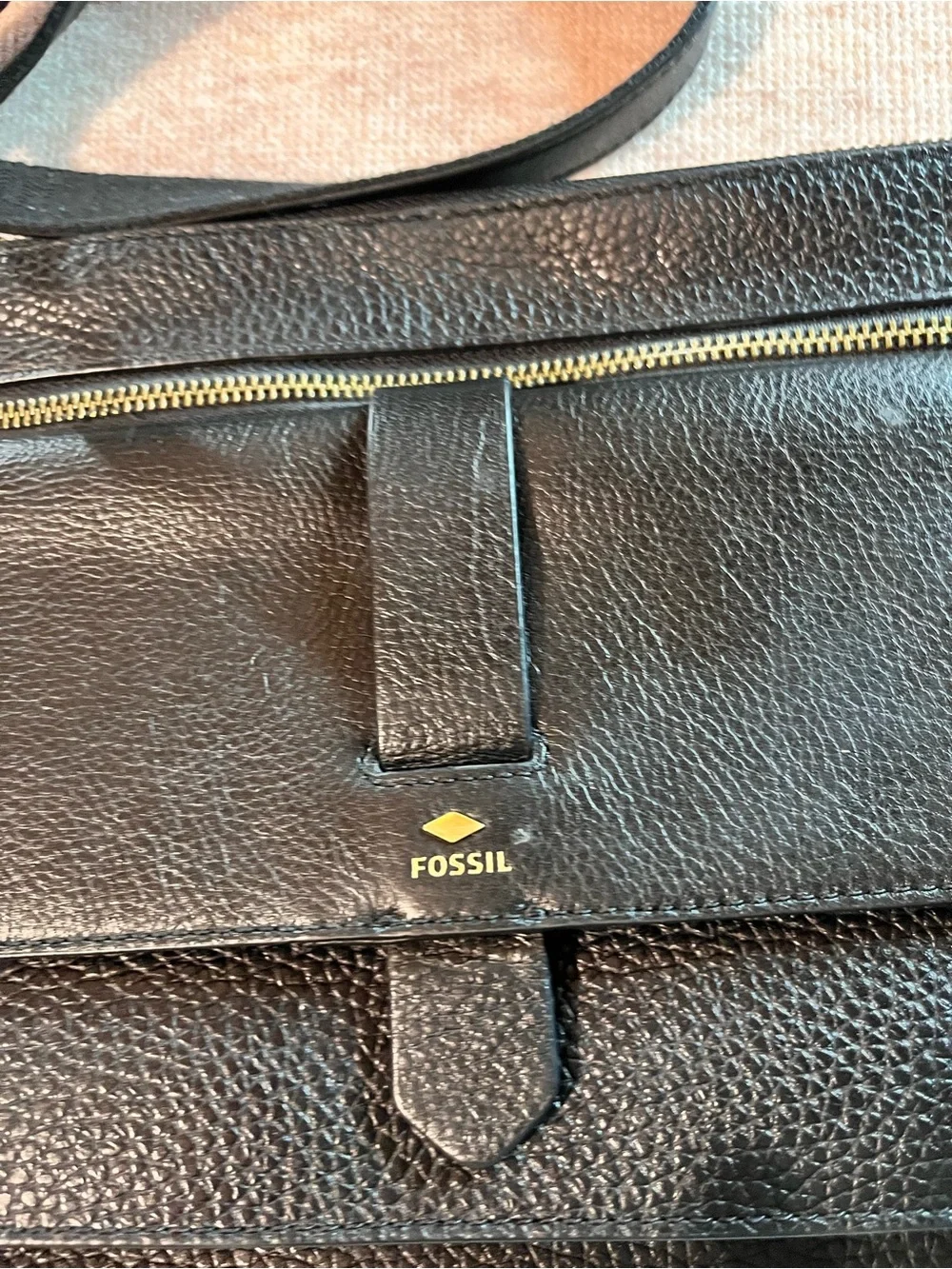 Fossil Black Pebbled Leather Crossbody Bag with Gold Hardware